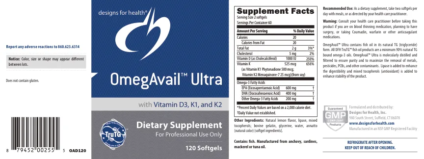 Label for OmegAvail Ultra With Vitamin D3, K1, And K3