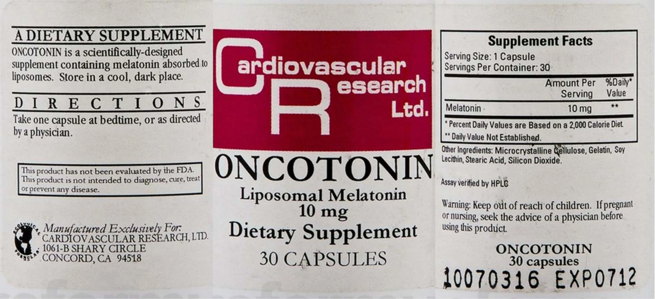 Label for Oncotonin Liposomal Melatonin 10 mg