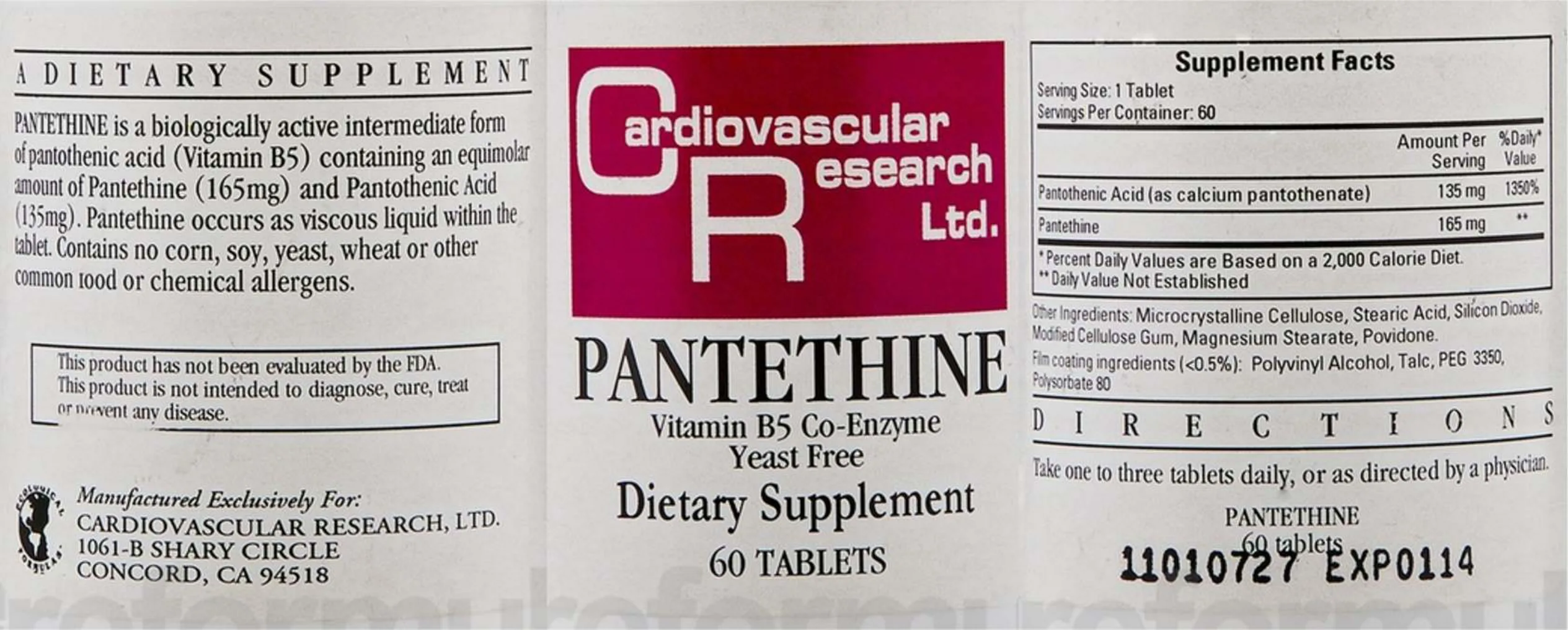 Label for Pantethine Vitamin B5 Co-Enzyme