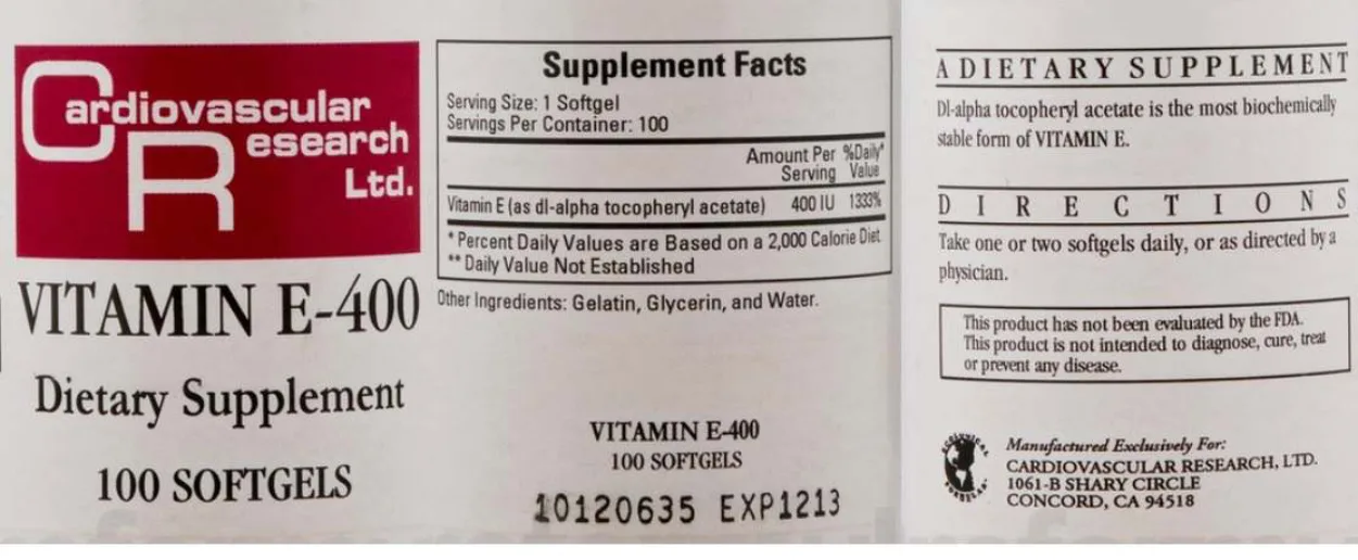 Label for Vitamin E-400