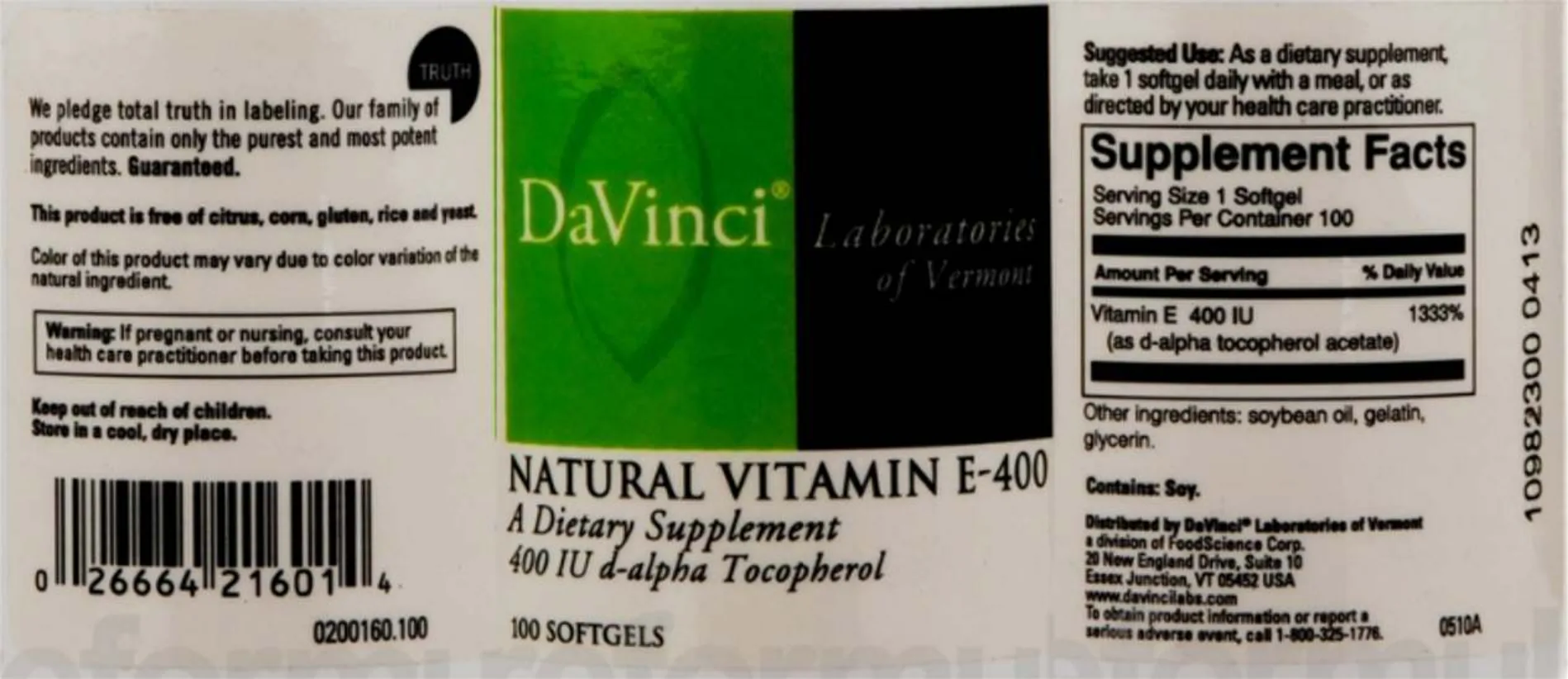 Label for Natural Vitamin E-400