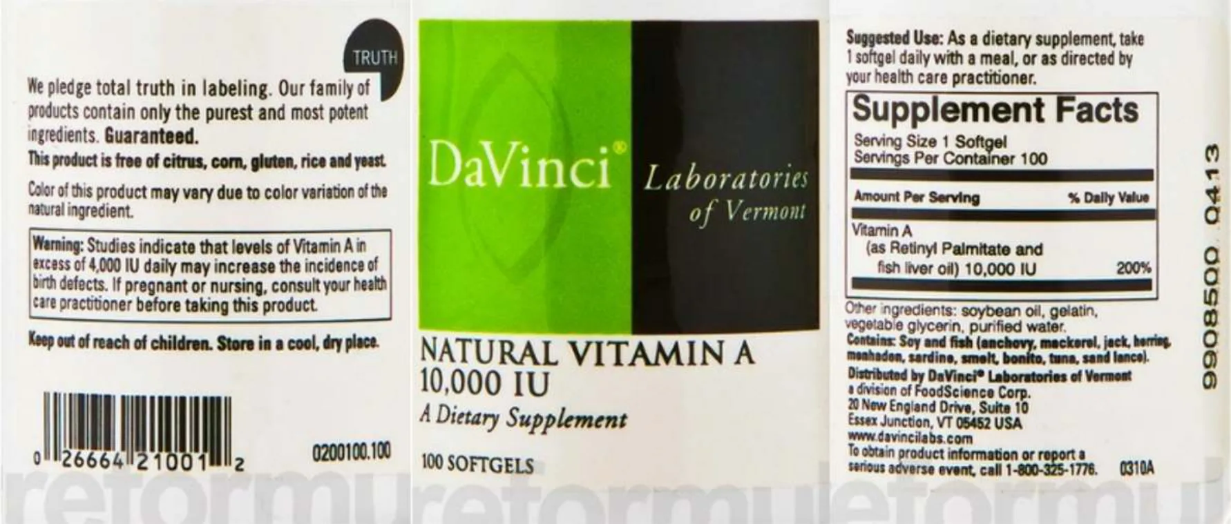 Label for Natural Vitamin A 10,000 IU