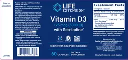 Label for Vitamin D3 125 mcg (5000 IU) with Sea-Iodine