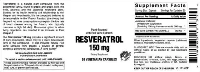 Label for Resveratrol 150 mg