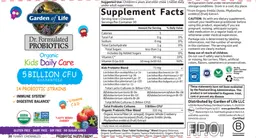 Label for Organic Kids Daily Care 5 Billion CFU Guaranteed Tasty Berry Cherry