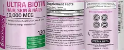 Label for Ultra Biotin Hair, Skin & Nails 10,000 mcg