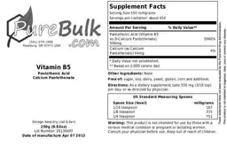 Label for Vitamin B5