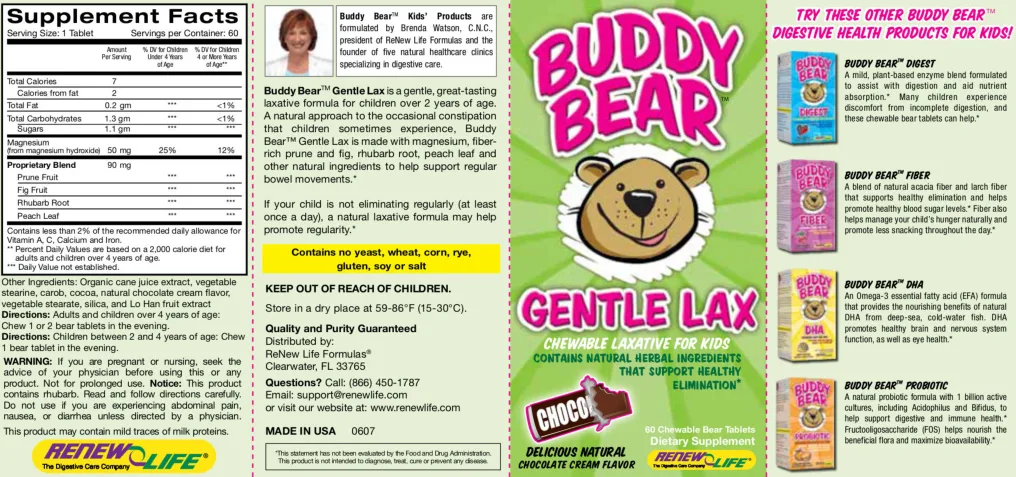 Label for Buddy Bear Gentle Lax Delicious Natural Chocolate Cream Flavor