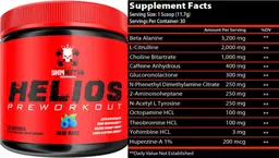 Label for Helios Pre Workout Blue Razz