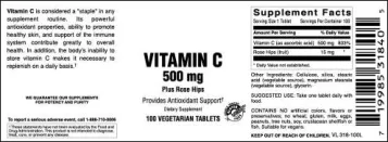 Label for Vitamin C 500 mg Plus Rose Hips