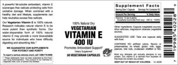 Label for Vegetarian Vitamin E 400 IU