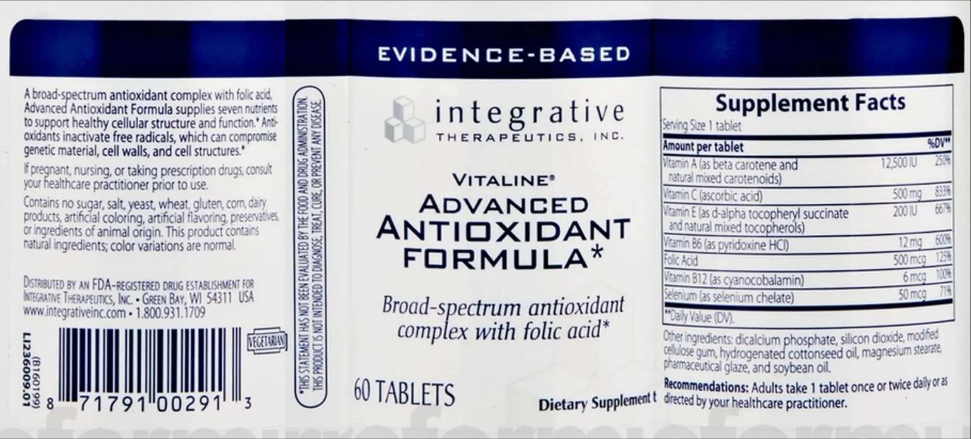 Label for Vitaline Advanced Antioxidant Formula