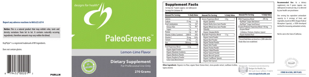 Label for PaleoGreens Lemon-Lime Flavor