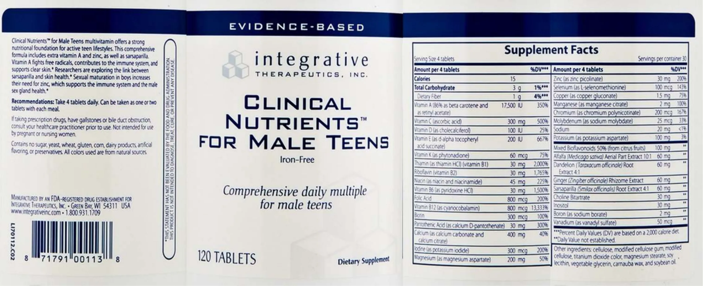 Label for Clinical Nutrients for Male Teens
