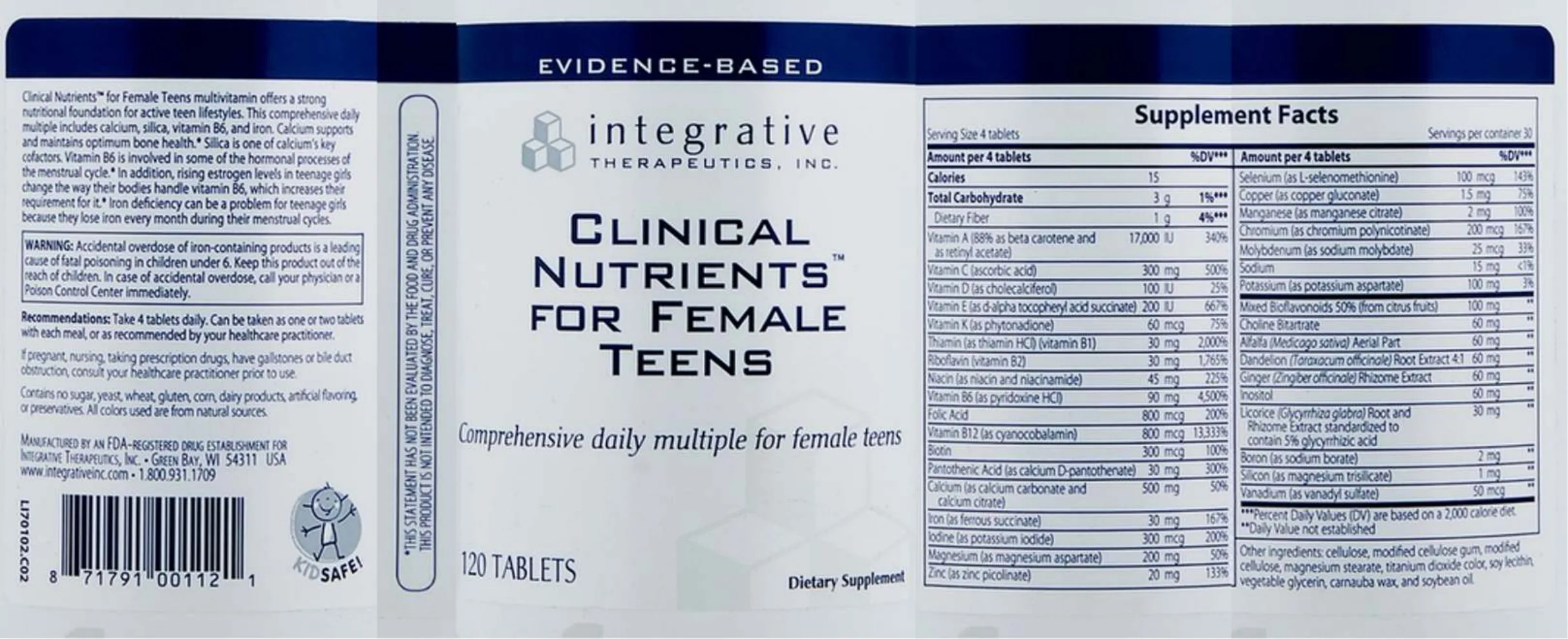 Label for Clinical Nutrients for Female Teens