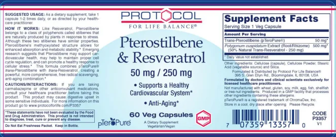 Label for Pterostilbene & Resveratrol 50 mg / 250 mg
