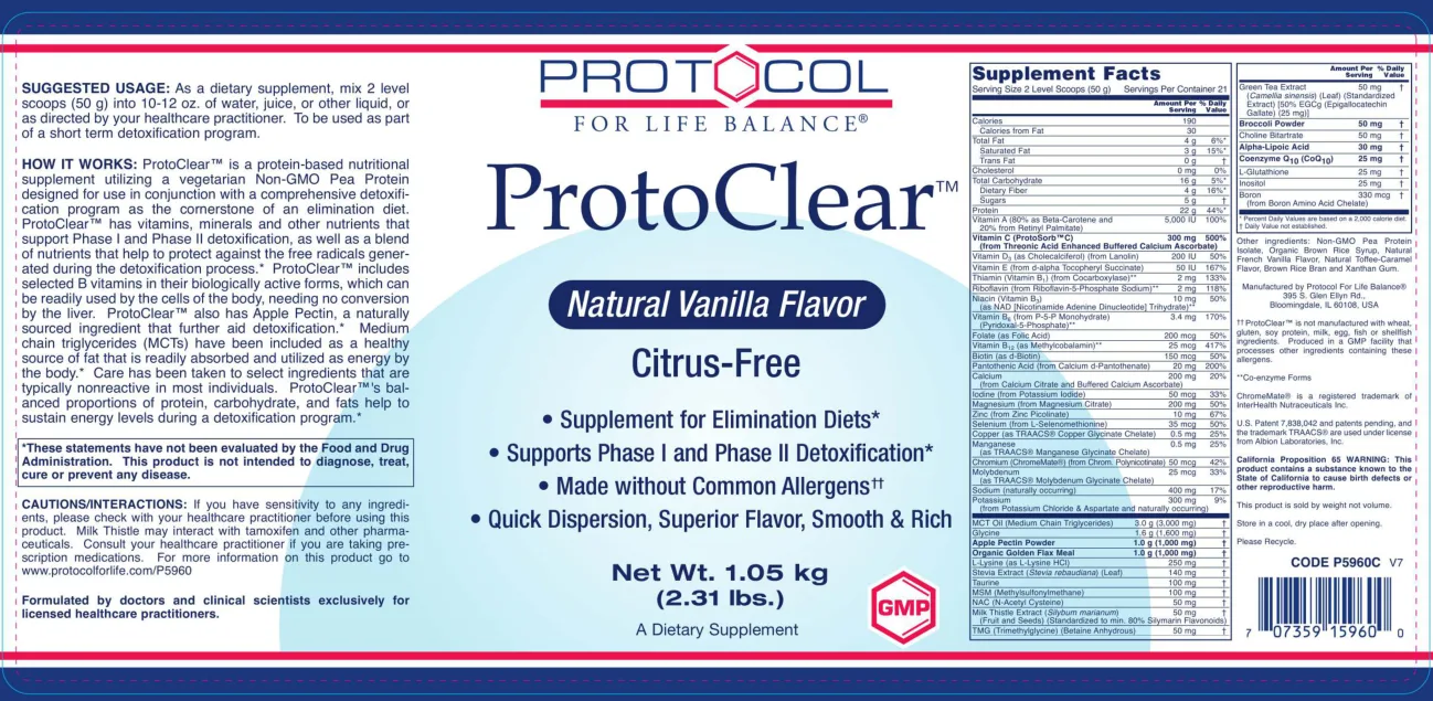 Label for ProtoClear Natural Vanilla Flavor
