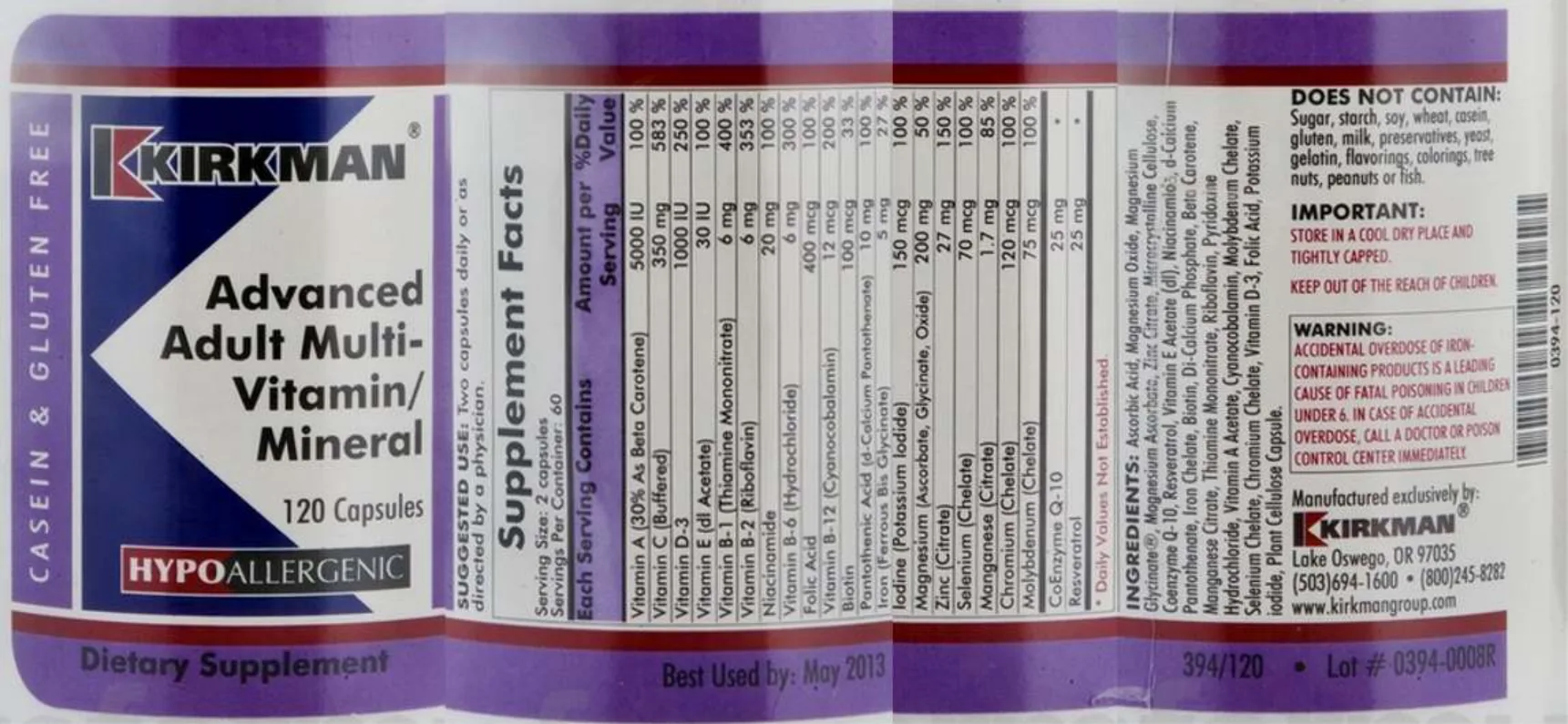 Label for Advanced Adult Multi-Vitamin/Mineral