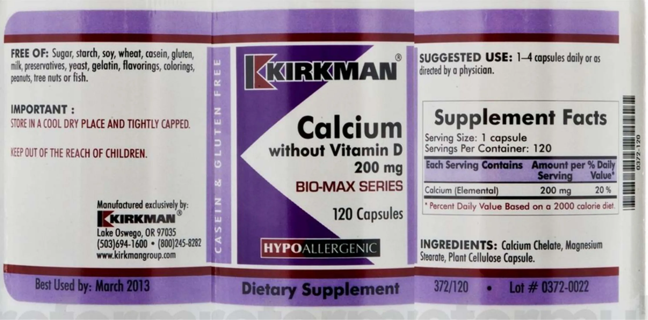 Label for Calcium Without Vitamin D 200 mg