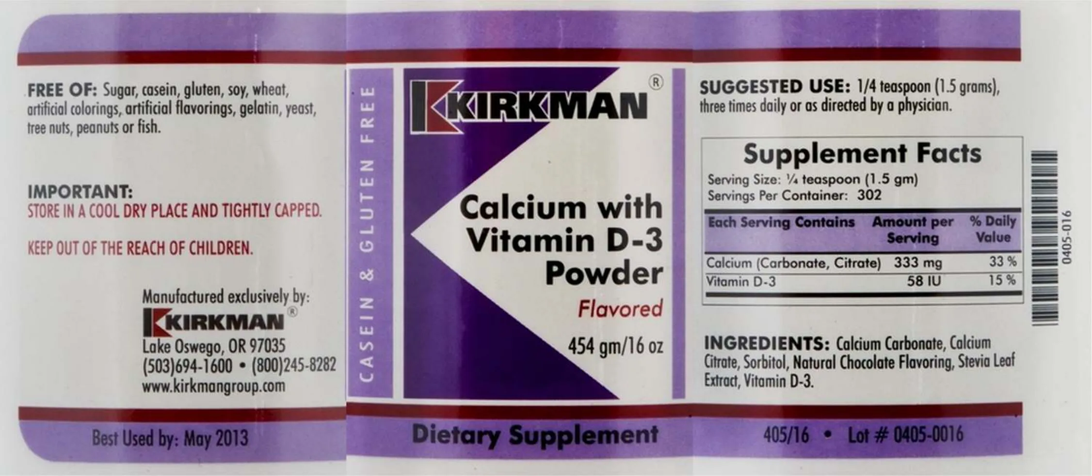 Label for Calcium With Vitamin D-3 Powder Flavored
