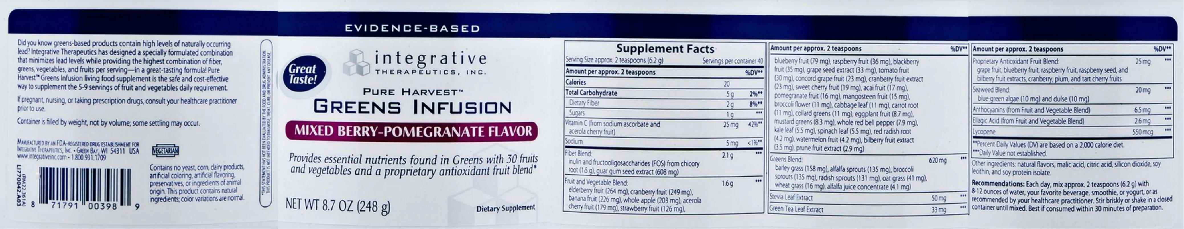 Label for Pure Harvest Greens Infusion Mixed Berry-Pomegranate Flavor