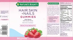 Label for Hair, Skin & Nails Gummies with Biotin 2500 mcg Strawberry Flavored