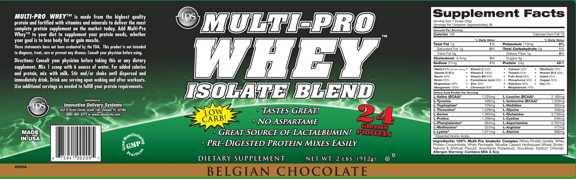 Label for Multi-Pro Whey Belgian Chocolate