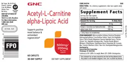 Label for Acetyl-L-Carnitine Alpha-Lipoic Acid 500 mg/200 mg