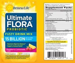 Label for Ultimate Flora Probiotic Fizzy Drink Mix 15 Billion Raspberry Lemonade Flavor