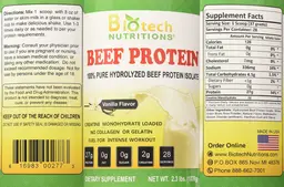 Label for Beef Protein Vanilla Flavor