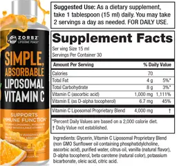 Label for Simple, Absorbable Liposomal Vitamin C Delicious Orange Sherbert Flavor