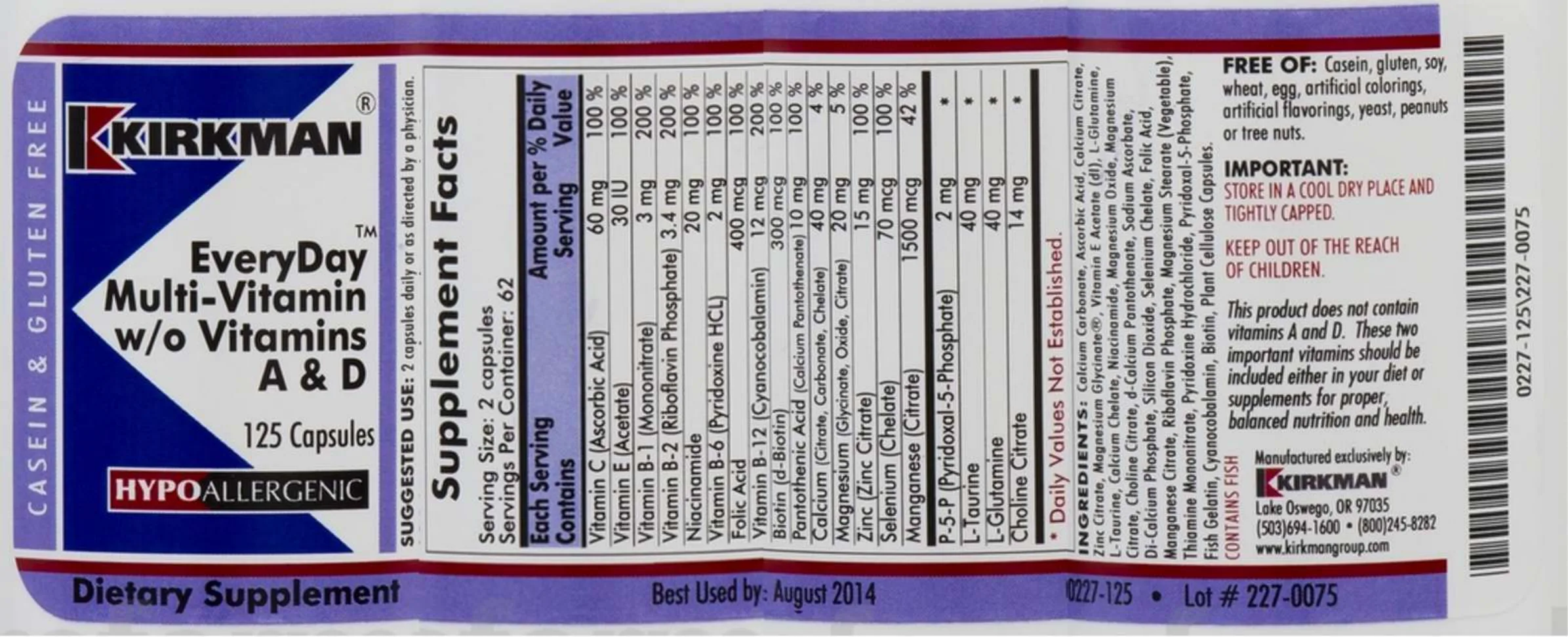 Label for EveryDay Multi-Vitamin W/O Vitamins A & D