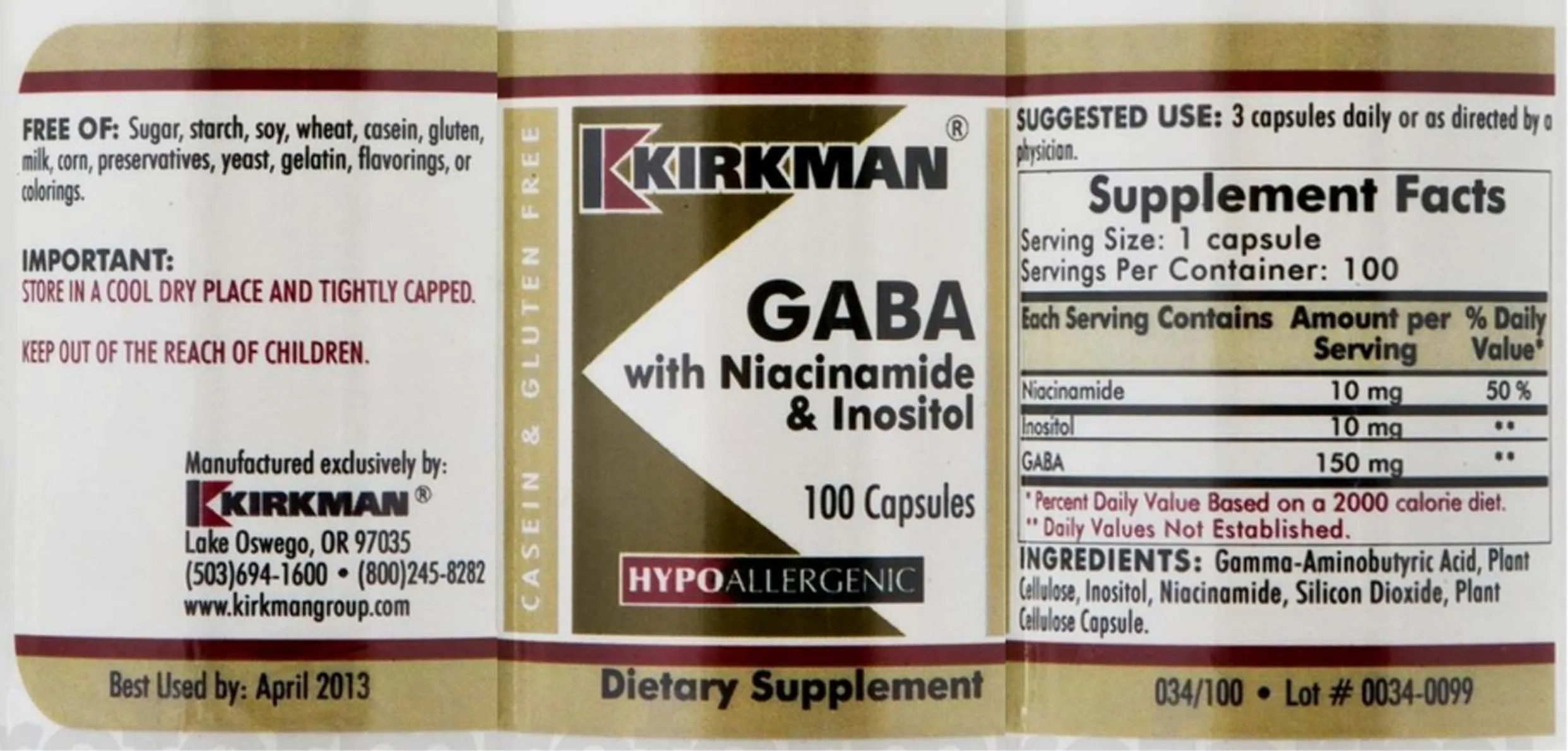Label for GABA With Niacinamide & Inositol