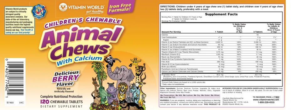 Label for Children's Chewable Animal Chews With Calcium Delicious Berry Flavor