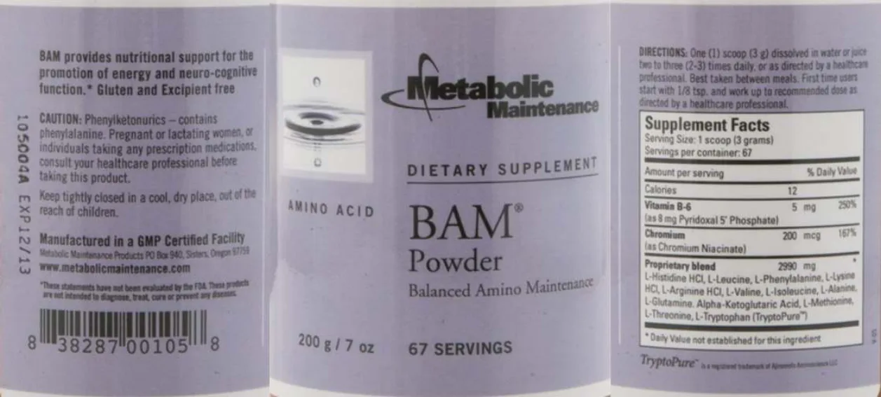 Label for BAM Powder Balanced Amino Maintenance
