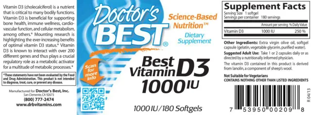 Label for Best Vitamin D3 1000 IU