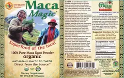 Label for Organic 100% Pure Maca Root Powder