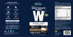 Label for 100% Whey Isolate Protein Sugar-Free Cocoa Coconut Flavor