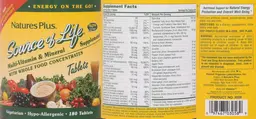 Label for Source of Life Multi-Vitamin & Mineral with Whole Food Concentrates Tablets