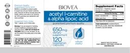 Label for Acetyl L-Carnitine & Alpha Lipoic Acid 650 mg