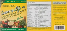 Label for Source of Life Multi-Vitamin & Mineral No Iron