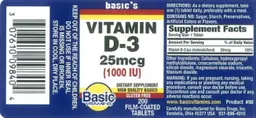 Label for Vitamin D-3 25 mcg (1000 IU)