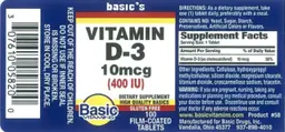 Label for Vitamin D-3 10 mcg (400 IU)