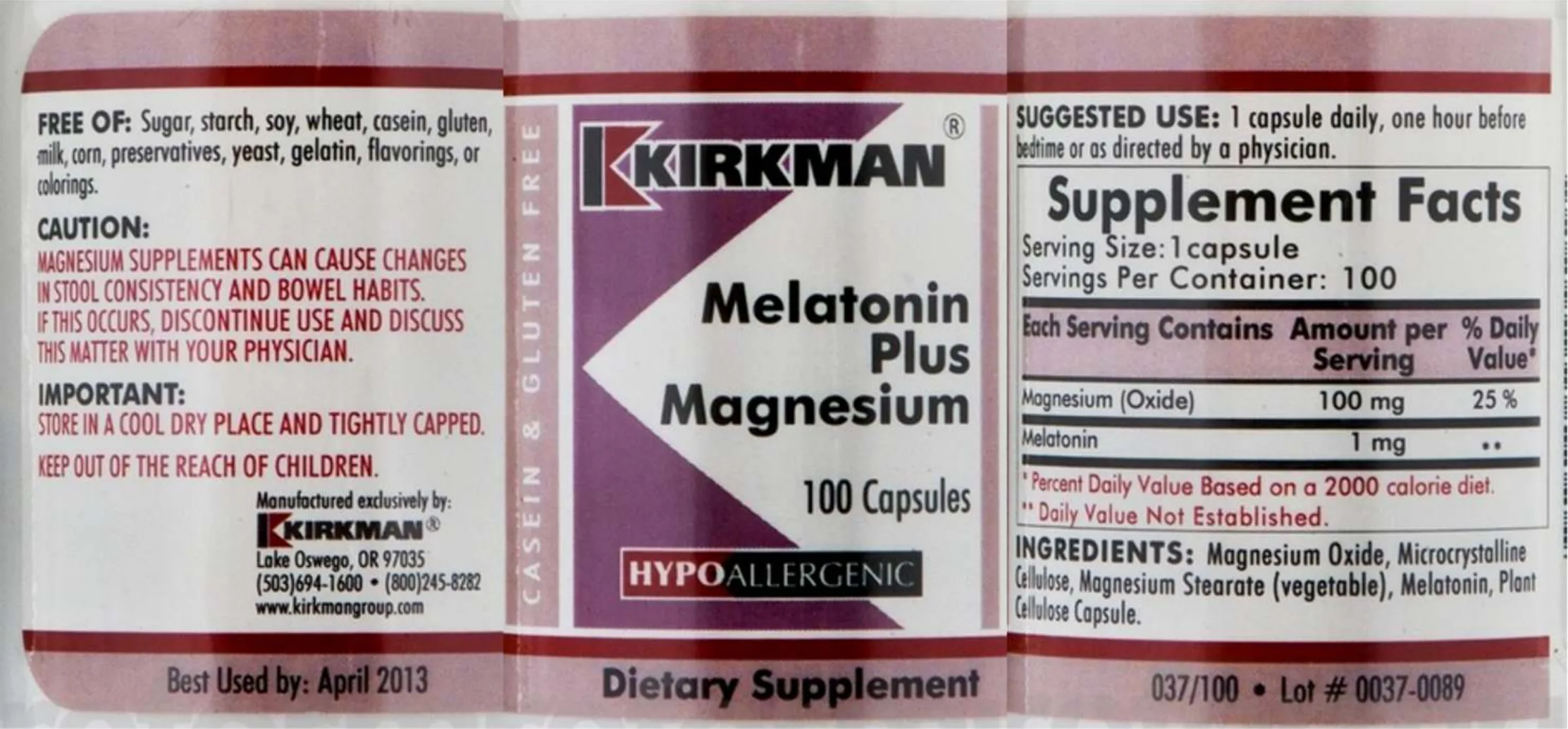 Label for Melatonin Plus Magnesium