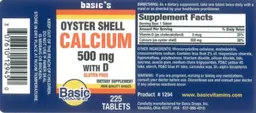 Label for Oyster Shell Calcium 500 mg with D
