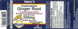 Label for Standardized Ginger Root 250 mg