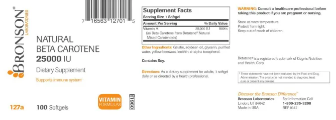 Label for Natural Beta Carotene 25000 IU