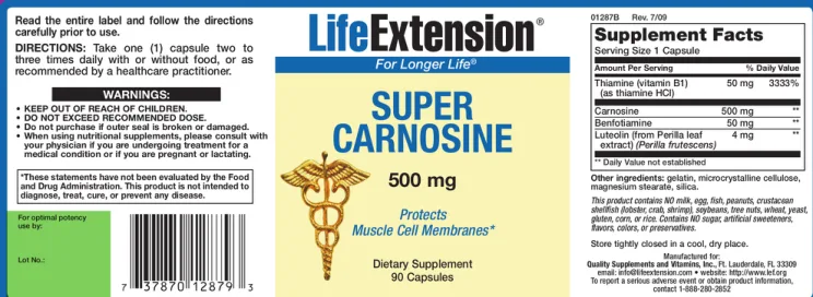 Label for Super Carnosine 500 mg
