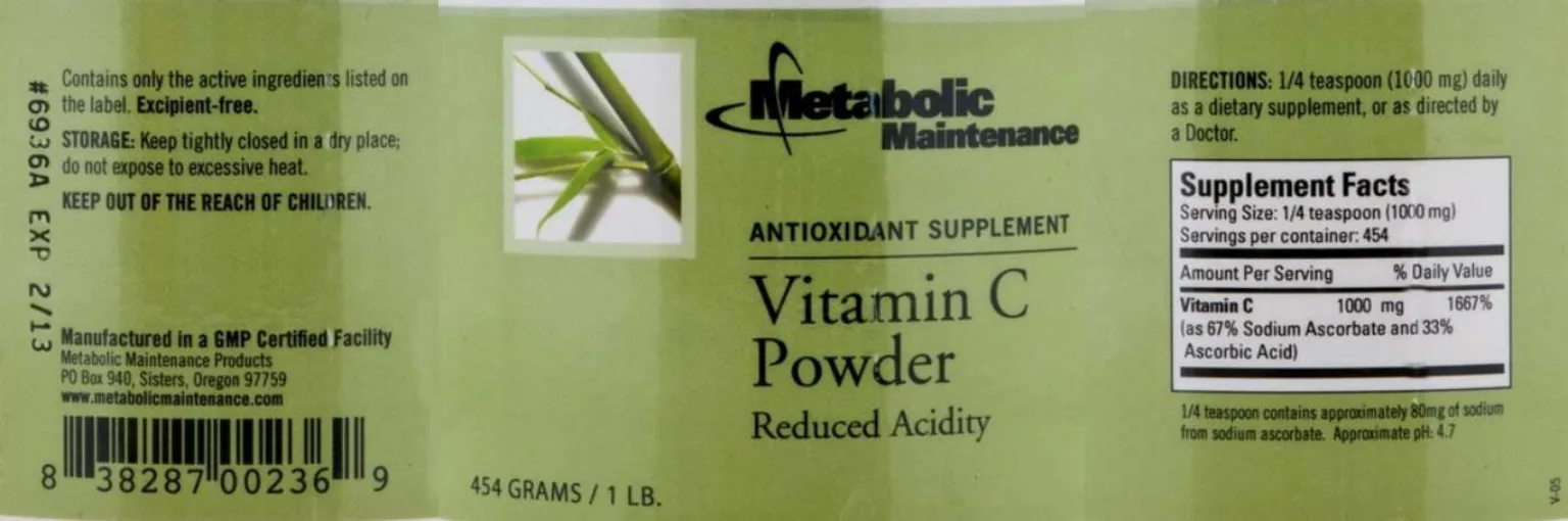 Label for Vitamin C Powder Reduced Acidity
