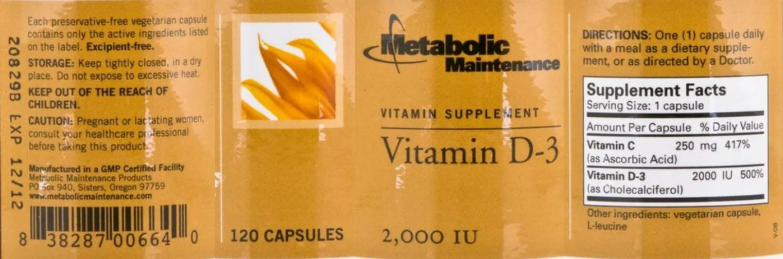 Label for Vitamin D-3